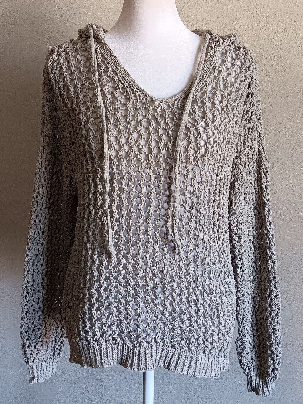 Tan Open Loose Knit Crochet Hooded Sweater Hoodie Artelier Nicole Miller, Grunge